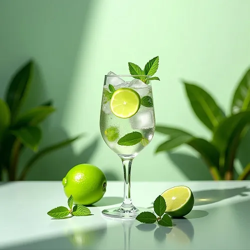 Hugo Spritz cocktail in a wine glass with Prosecco, elderflower, lime, and mint over ice.